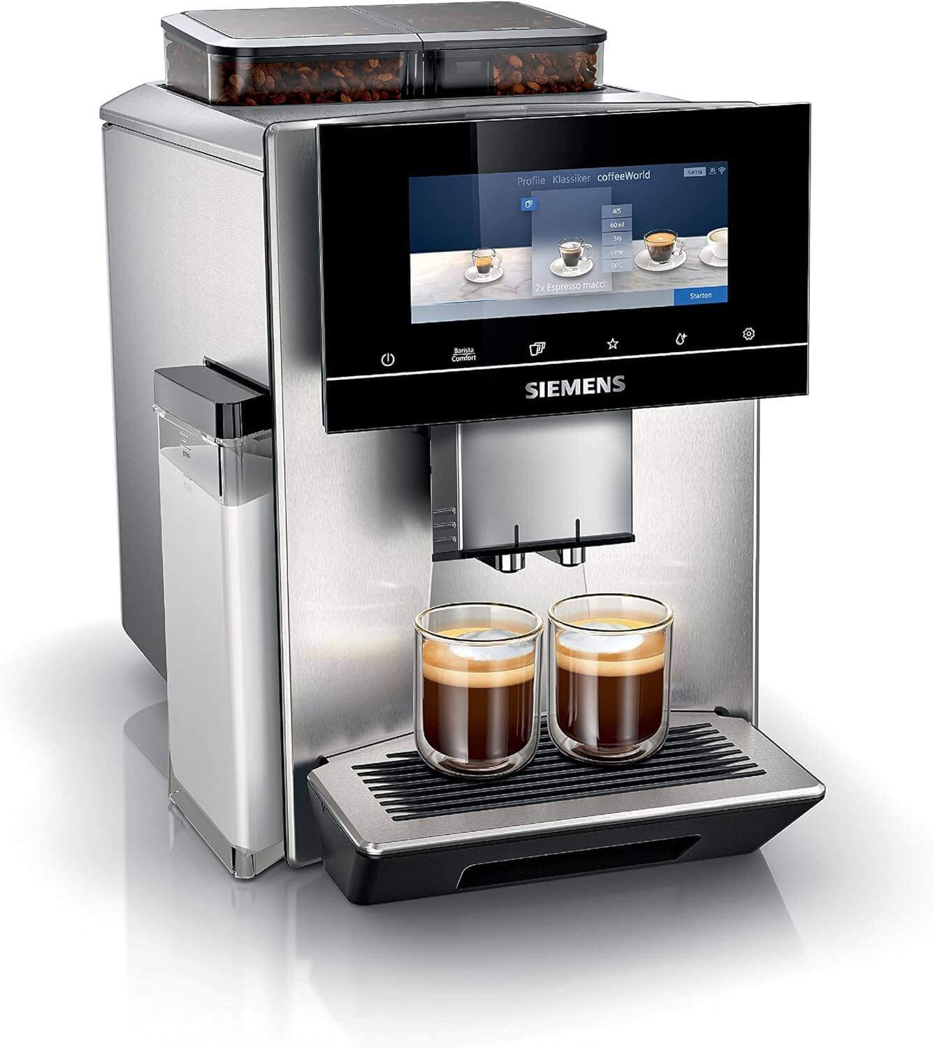 Siemens EQ900 TQ907D03 Fully Automatic Coffee Machine, App Control, Full-Touch Display, Barista Mode, Noise Reduction, Up to 10 Profiles, Automatic Steam Cleaning, 2 Bean Containers, 1500 W, Stainless