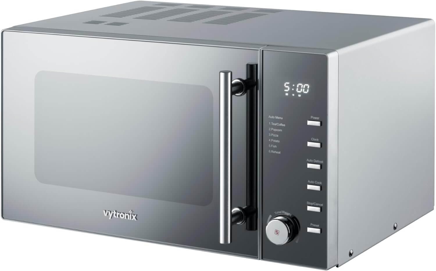 VYTRONIX VY-C900M 900W Digital Microwave Oven | Freestanding Microwave with 5 Power Levels, Clock & Timer Function | Silver Microwave with Mirrored Front, 25 Litre Capacity 