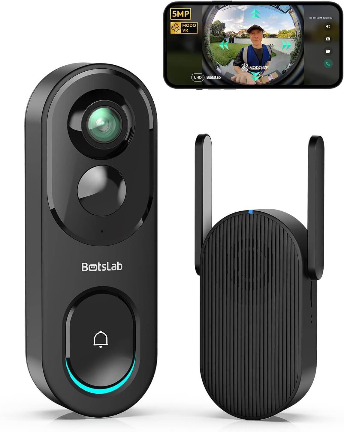 BOTSLAB 5MP Video Doorbell Camera Wireless No Monthly Fee, 1:1 Head-to-Toe with 360° View, 150-Day Battery Life