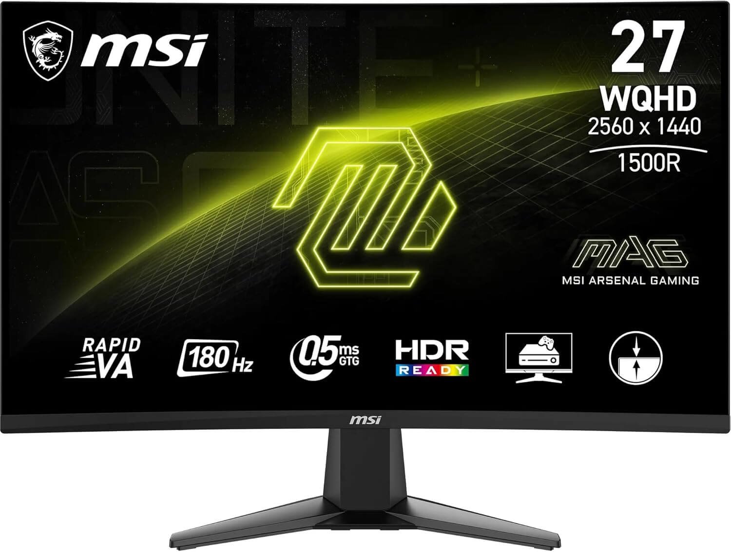 MSI MAG 27CQ6F 27 Inch WQHD Curved Gaming Monitor - 1500R 2560 x 1440 Rapid VA Panel, 180 Hz - 05ms (GtG, Min), Adaptive-Sync - DP 14a, HDMI 20b CEC