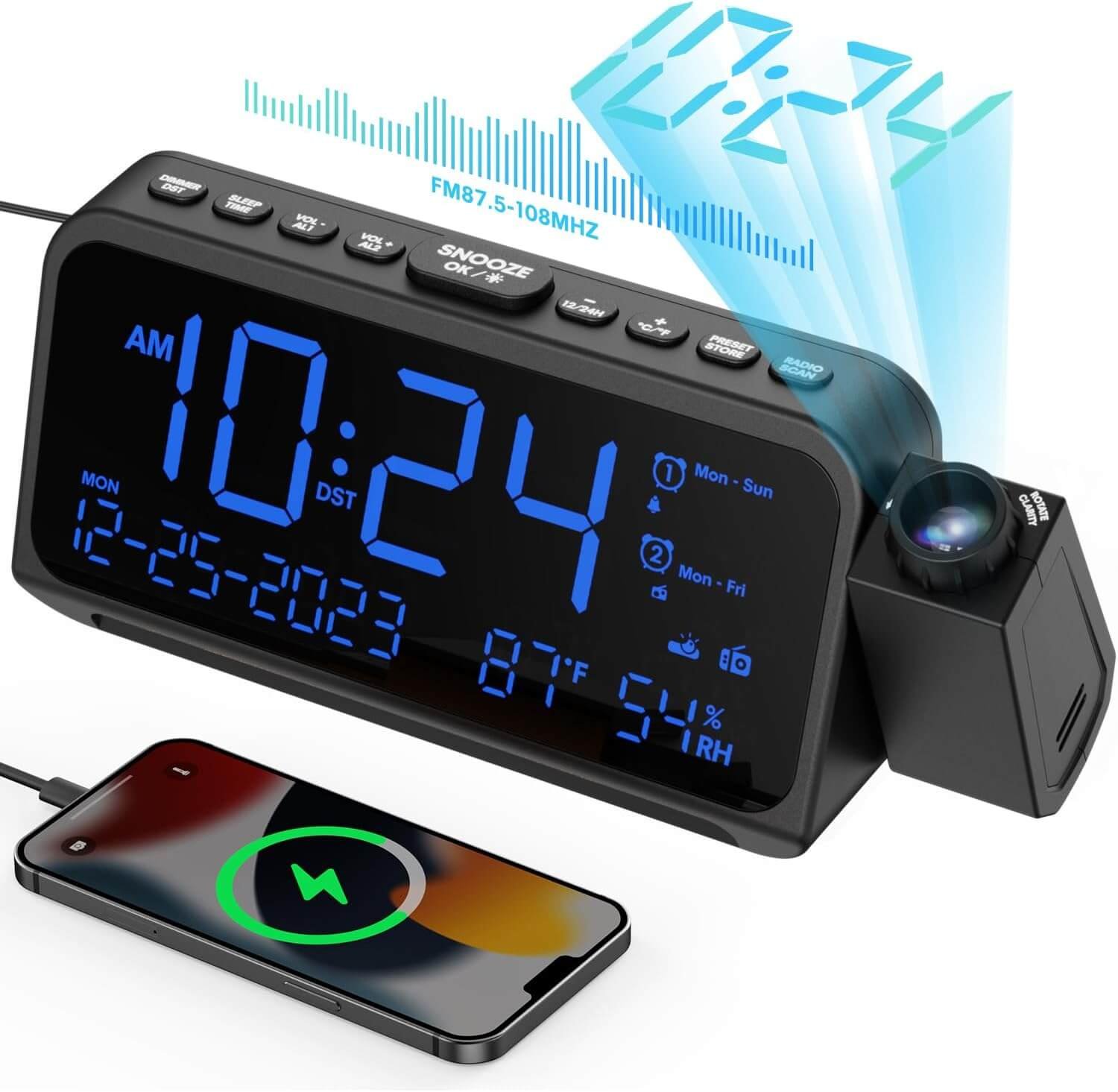 Projection Alarm Clocks Bedside, Digital Clock with Projector on Ceiling Wall, Dual Loud Alarm Clock with FM Radio, Weekend/Weekday Mode, Date, Temp, Night Light, Snooze