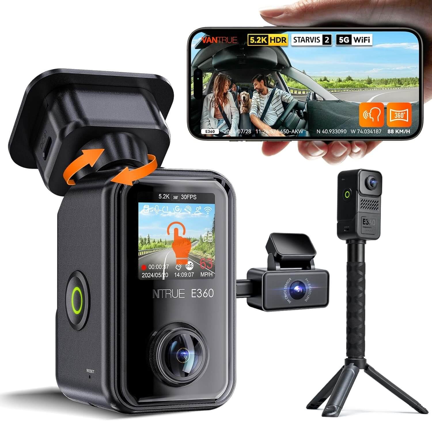 VANTRUE E360 ACE 5.2K Dash Cam Panoramic, 3 Channel Dashcam Wide Angle 210°, Dash Camera 1944P+1944P+1080P Front Rear inside, STARVIS 2, Night Vision, 5G WiFi GPS, HDR, 24H Parking Mode, Support 512GB