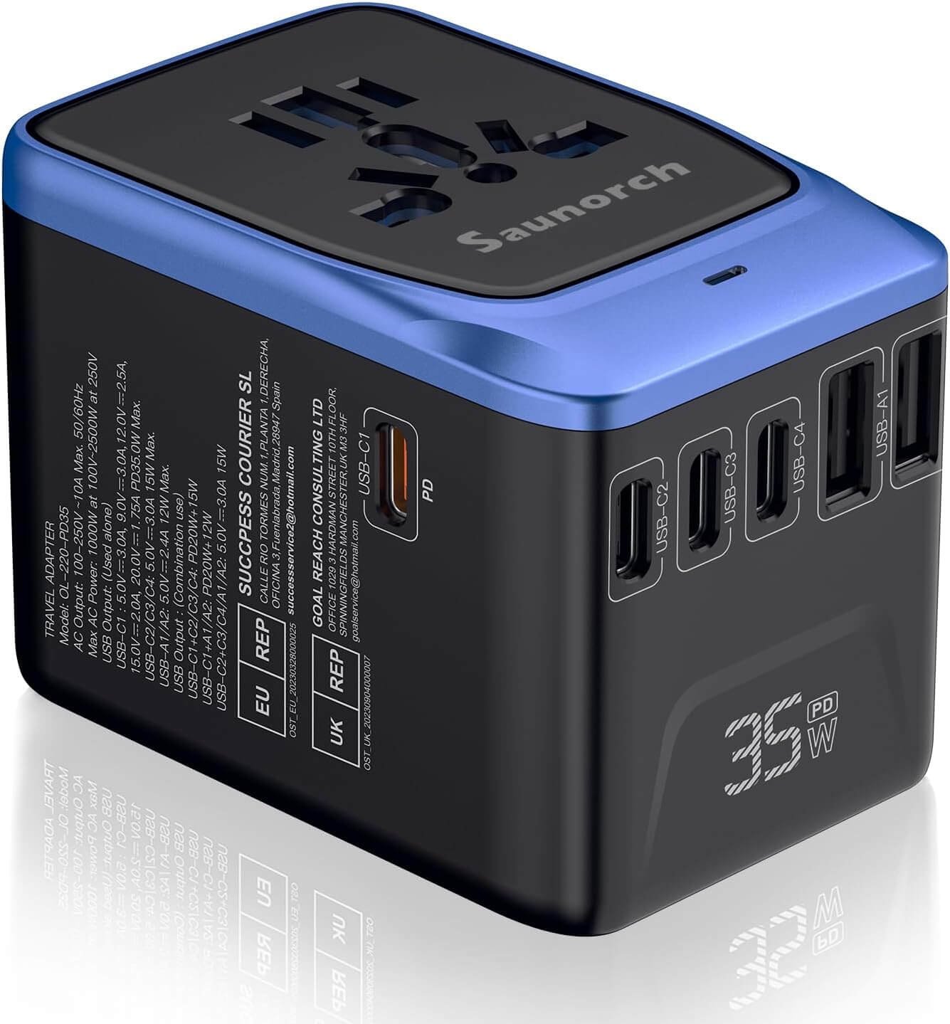 SAUNORCH Universal Travel Adapter, PD 35W 7 in 1 International Power Plug Adapter with 7.0A 4 USB-C and 2 USB-A Fast Wall Charger, Worldwide AC Outlet for US Europe UK AUS