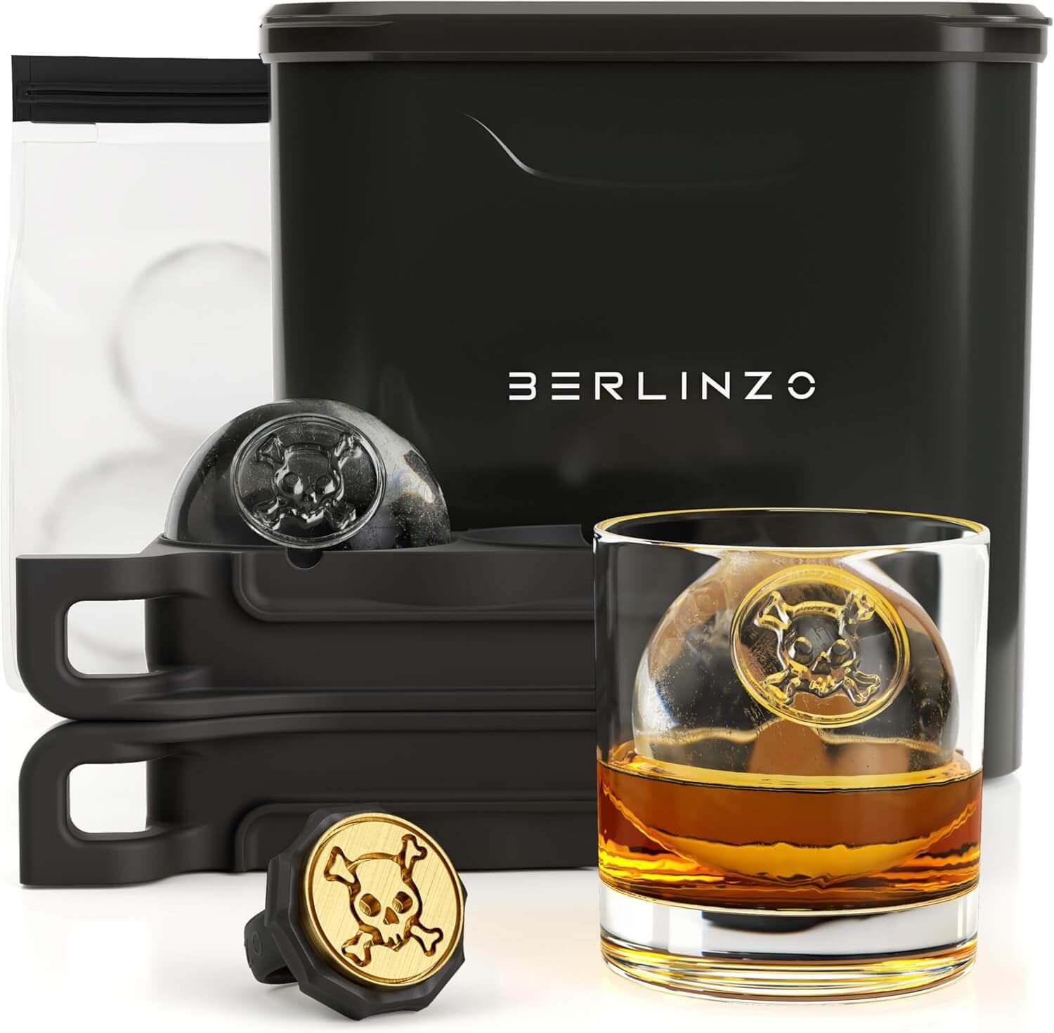 Berlinzo Premium Clear Ice Ball Maker Mold - 2 Large 2.4" Crystal Clear Ice Balls for Whiskey, Cocktails & Bourbon, Easy-to-Remove Ice Sphere Mold - Storage Bag & Ice Stamp Press Ring Included, Black