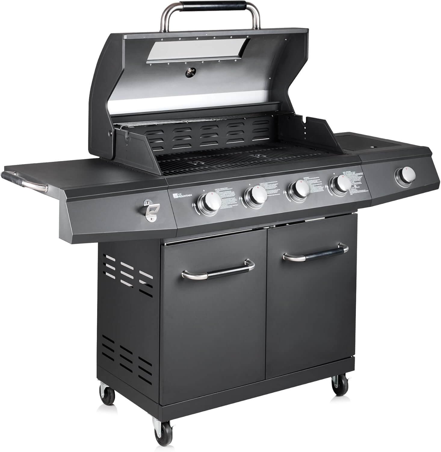 Fire Mountain Everest Pro 5 Burner Premium Gas BBQ, Outdoor Barbecue Grill, 4 Main + 1 Side Burner, Lid with Glass Window and Built-in Thermometer, Family Sized Cooking Area for Large BBQ