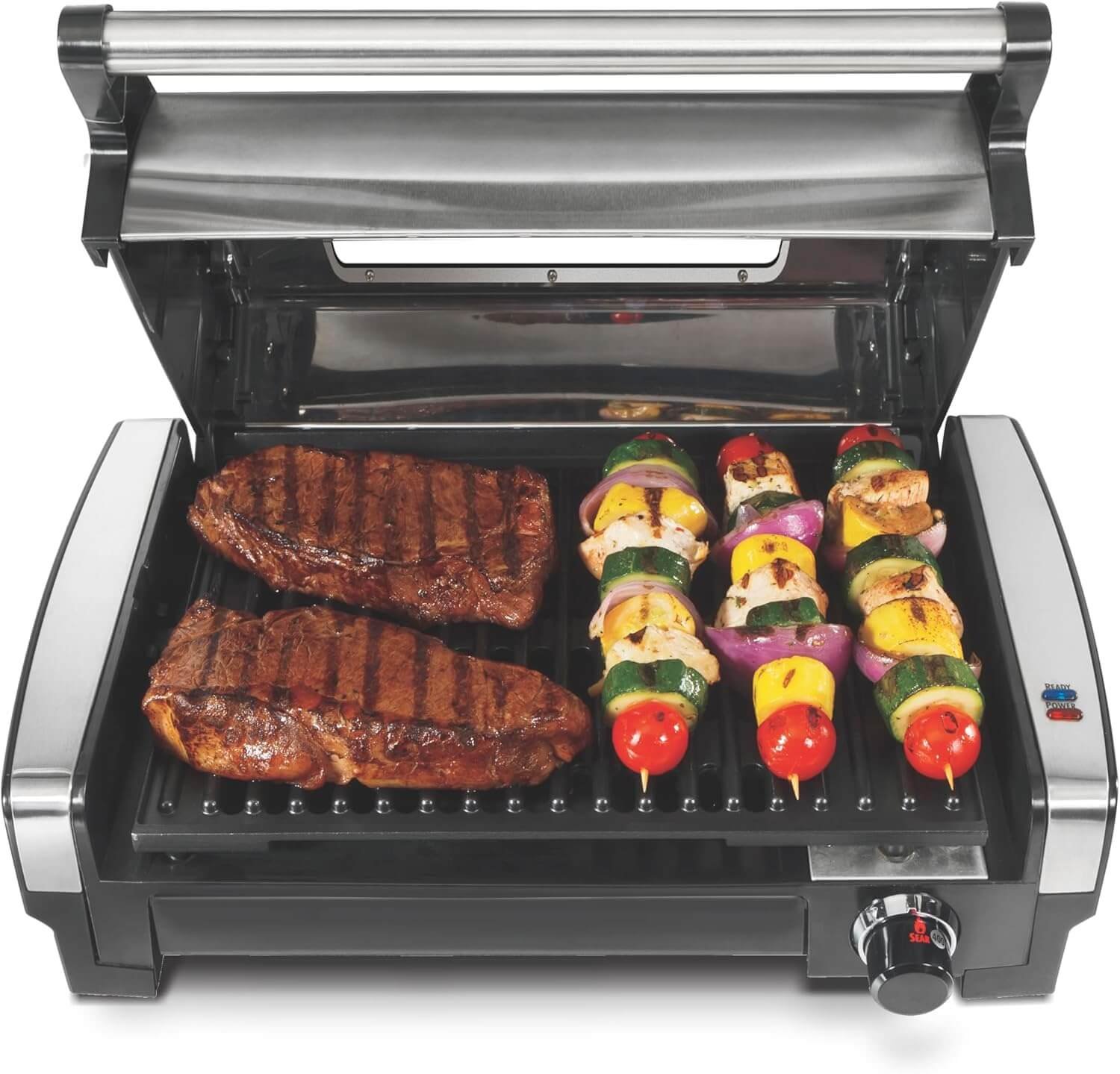 Hamilton Beach Electric Indoor Searing Grill with Viewing Window & Adjustable Temperature Control to 450F, 118 sq. in. Surface Serves 6, PFAS-Free Removable Nonstick Grate, Stainless Steel