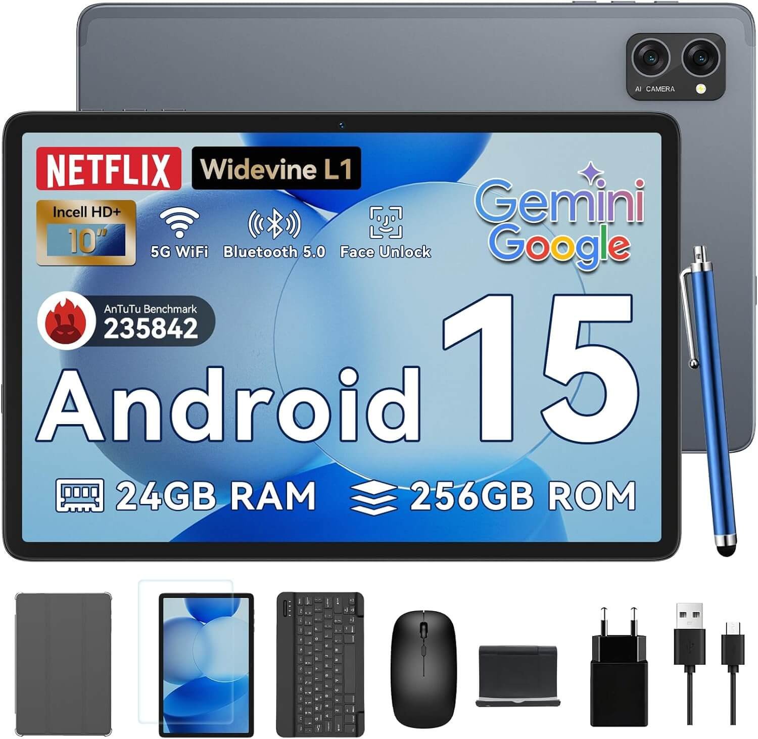 Tablet 2025 Latest Android 15 Tablets with 10.1 Inch Incell Display, 24GB RAM 256GB ROM /2TB TF, Gemini AI