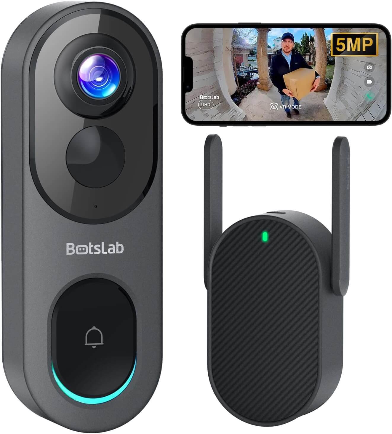 5MP Doorbell Camera Wireless, No Monthly Fee, 2.4/5GHz WiFi Video Doorbell with Homebase, 180° Head-to-Toe View, AI Motion Detection, VR Mode, Battery or Wired Powered