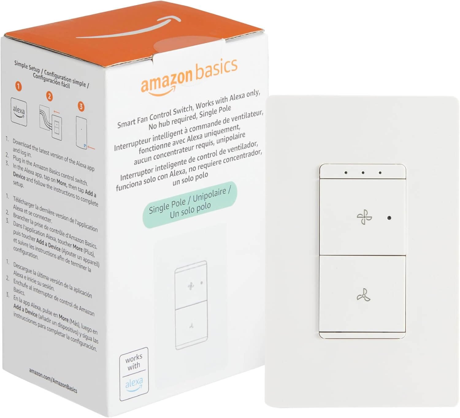 Amazon Basics Smart Fan Control Switch, Single Pole, Works with Alexa Only