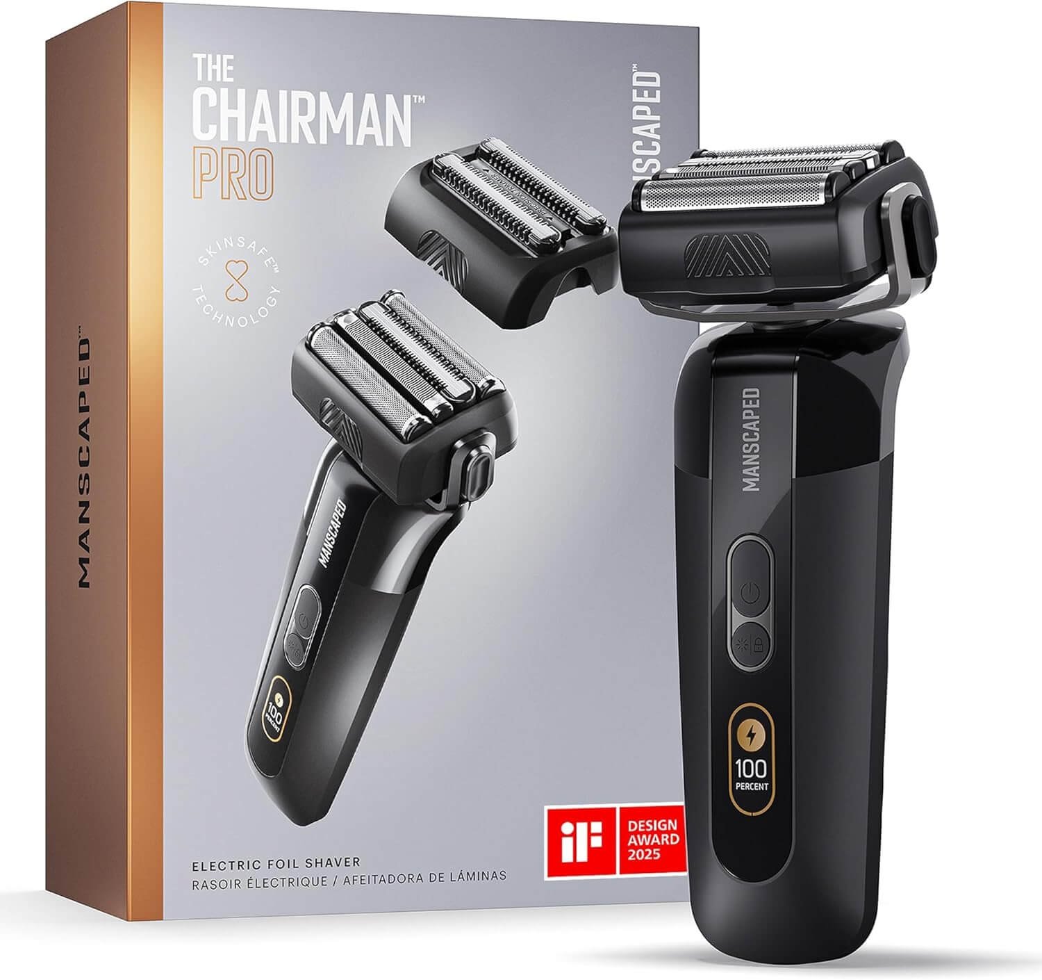 MANSCAPED® The Chairman™ PRO Men’s Electric Foil Face Shaver - Two Interchangeable Blade Heads, SkinSafe® Four-Blade Foil & Stubble Trimmer, USB-C Wireless Compatible Charging
