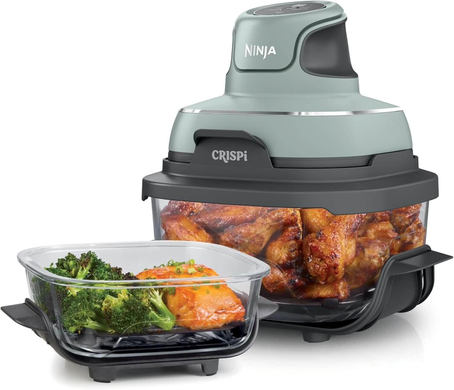 Ninja Crispi Air Fryer, Microwave, Freezer & Dishwasher Safe, Non Toxic Glass Portable Cooking System, 4 QT & 6 Cup Glass Containers with Storage Lids, Easy Meals, Air Fry, Bake, Green