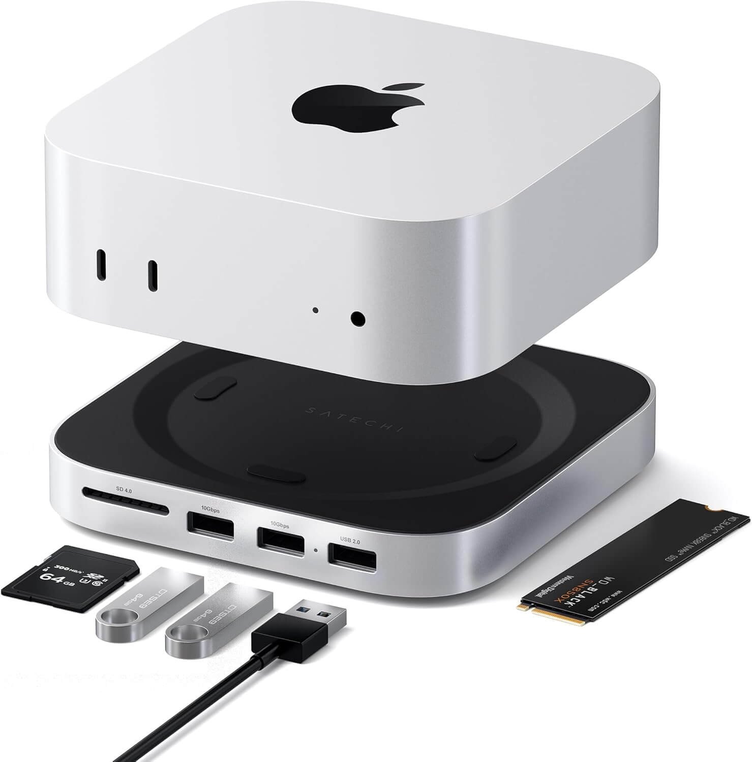 SATECHI Mac Mini M4 Hub & Stand with NVMe SSD Enclosure, Dock with 2 USB-A Up to 10Gbps Ports, USB-A Data Port, SD Card Reader for Mac Mini M4, M4 Pro