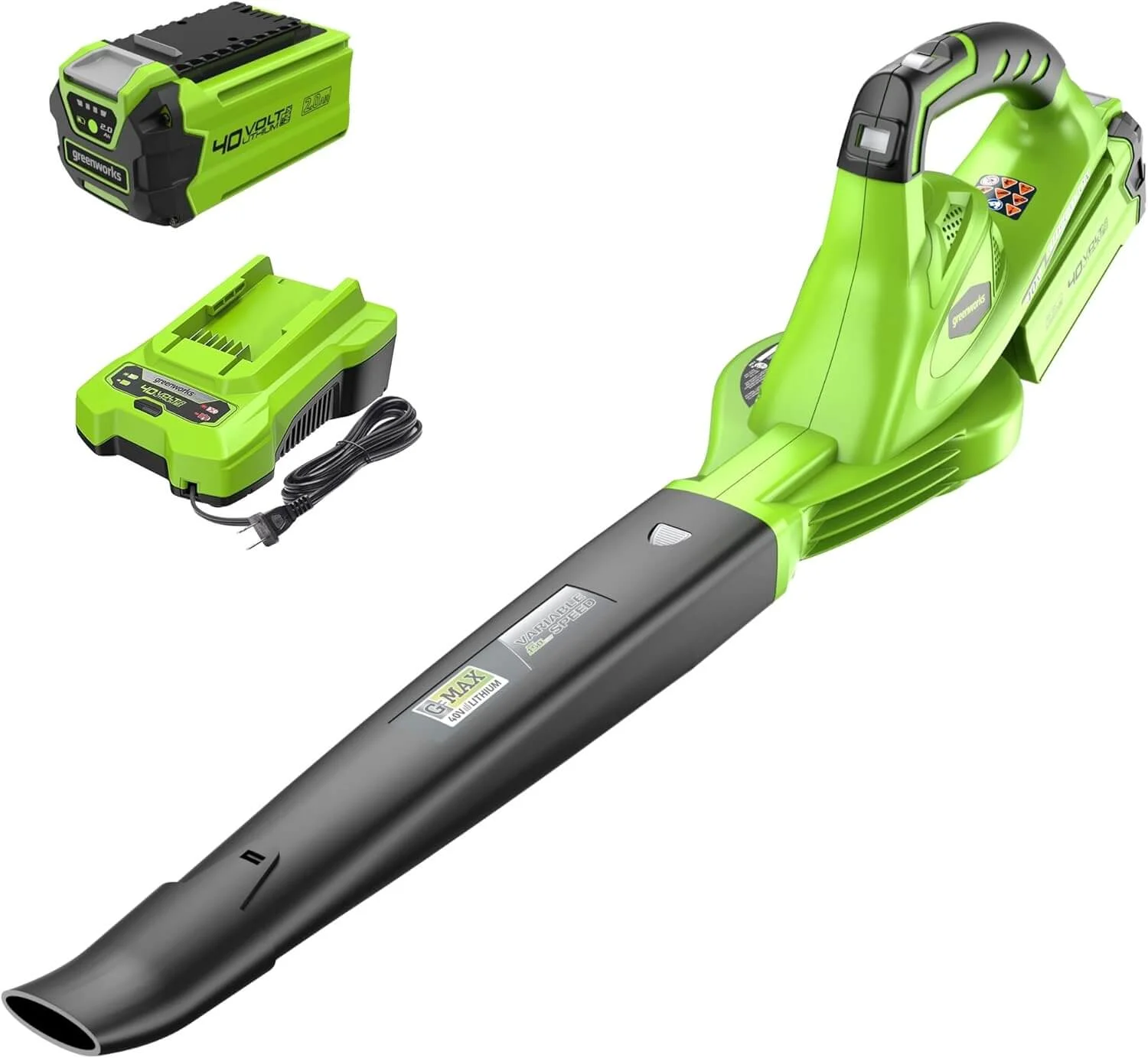 Greenworks 40V Leaf Blower/Sweeper, 150 MPH, Lightweight, Quiet, with 2.0 Ah Battery and Charger, Perfect for Residential Lawn Care, Leaf Blowing Debris, Dust, Light Snow, and More
