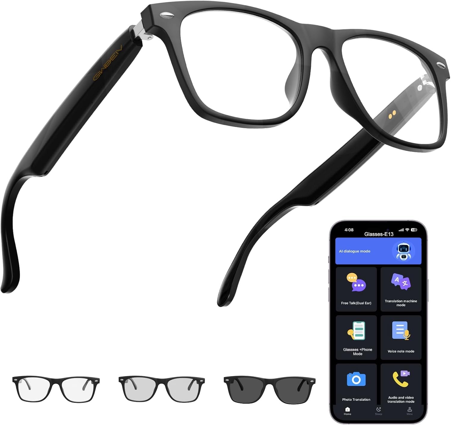 cAI Smart Glasses for Men and Women with Chat GPT, Bluetooth Translation Glasses with 164 Languages and Color-Change Lens, Music Playback, Hands-Free Calls, UV & Blue Light Protection