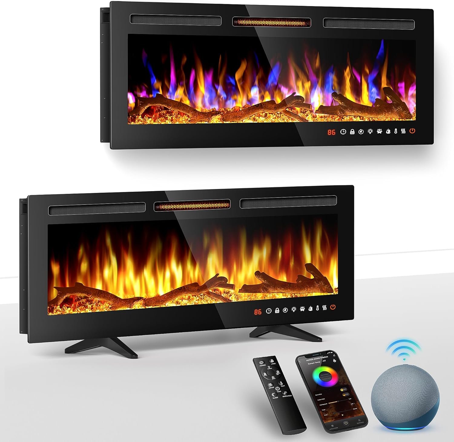 ALPACA 36'' Smart WiFi Electric Fireplace Recessed, Wall Mounted and Freestanding Linear Fireplace, Compatible with Alexa and Smart APP Control,13 Adjustable Flame Color and 5 Brightness, 750W/1500W