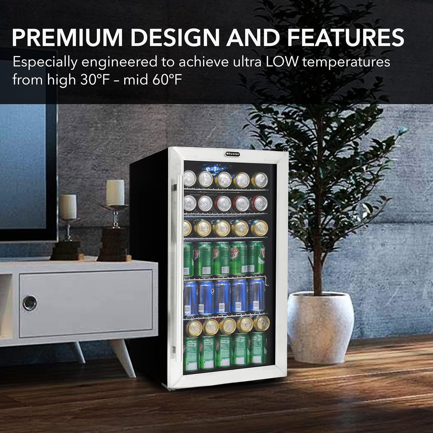 Whynter Beverage Refrigerator with Double-Layer Glass Door, 127-Can 3.1 Cu Ft Freestanding Drink Mini Fridge, BR-130SB, Stainless Steel