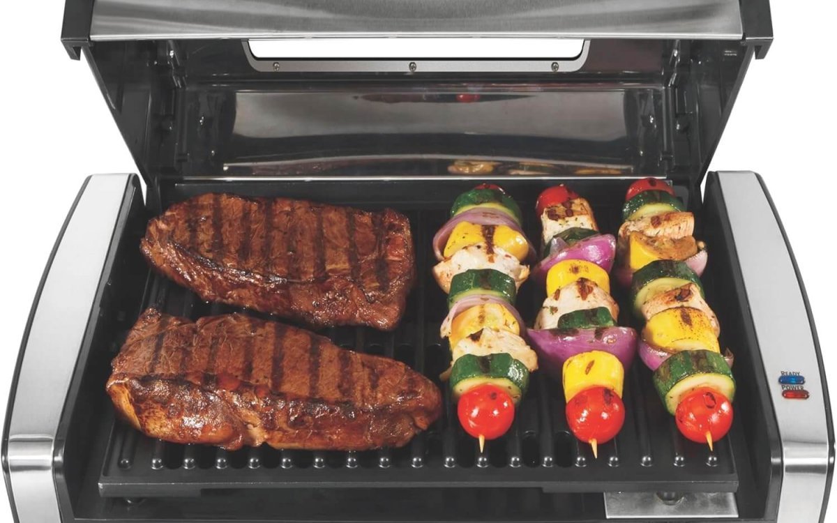 Hamilton Beach Electric Indoor Searing Grill with Viewing Window & Adjustable Temperature Control to 450F, 118 sq. in. Surface Serves 6, PFAS-Free Removable Nonstick Grate, Stainless Steel