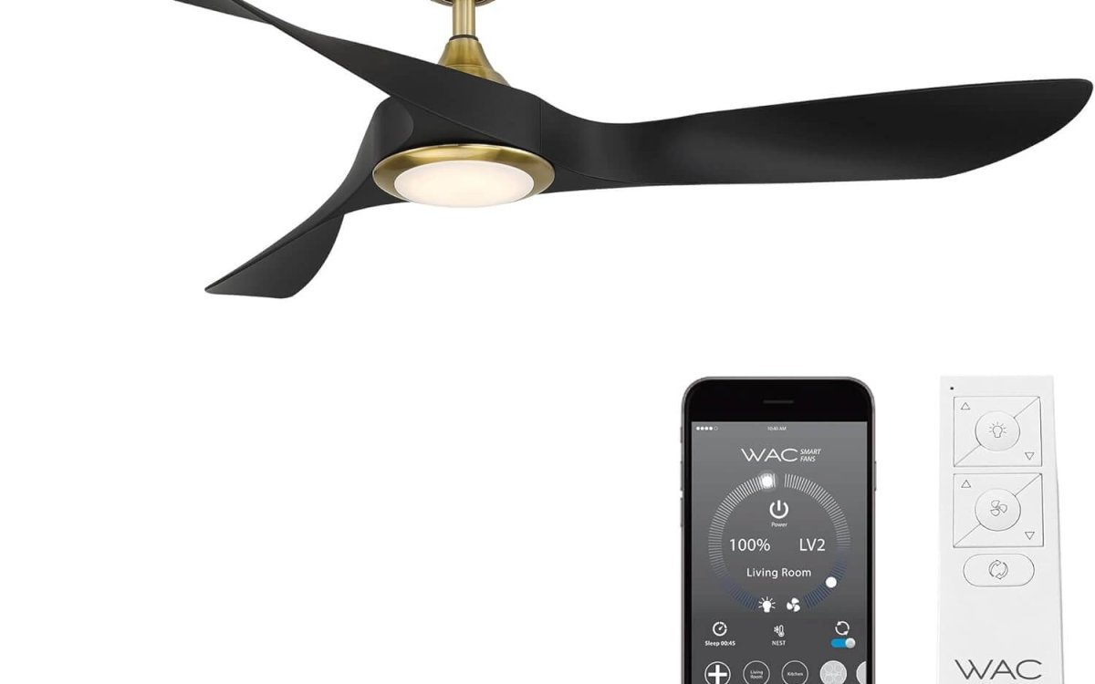 WAC Smart Fans Swirl Indoor and Outdoor 3-Blade Smart Home Ceiling Fan 54in Soft Brass Matte Black with 3000K LED Light Kit and Remote Control works with Alexa and iOS or Android App